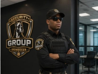 Personal frente al logotipo de SECURITY GROUP IRONBOXER